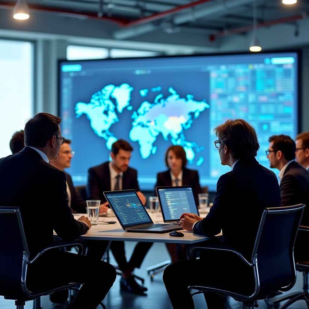 Equipo de profesionales fintech en reunión estratégica